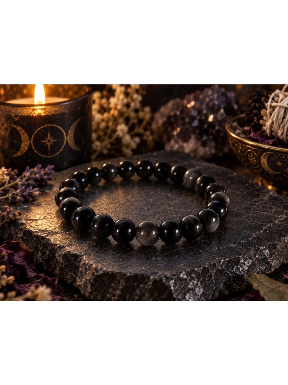 Natural Silver Sheen Obsidian Crystal 8mm Stretch Bracelet